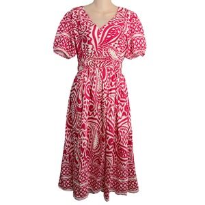 NWT She + Sky Red White Paisley Smocked Waist V-Neck Puff Sleeve Midi Dress M